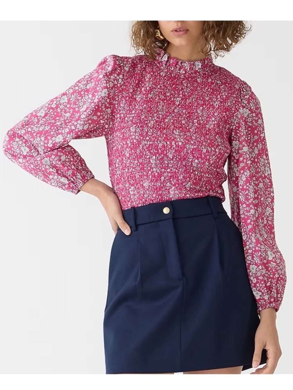 J. CREW Long-Sleeve Pink Ruffleneck Top in Liberty Summer Blooms Fabric size L